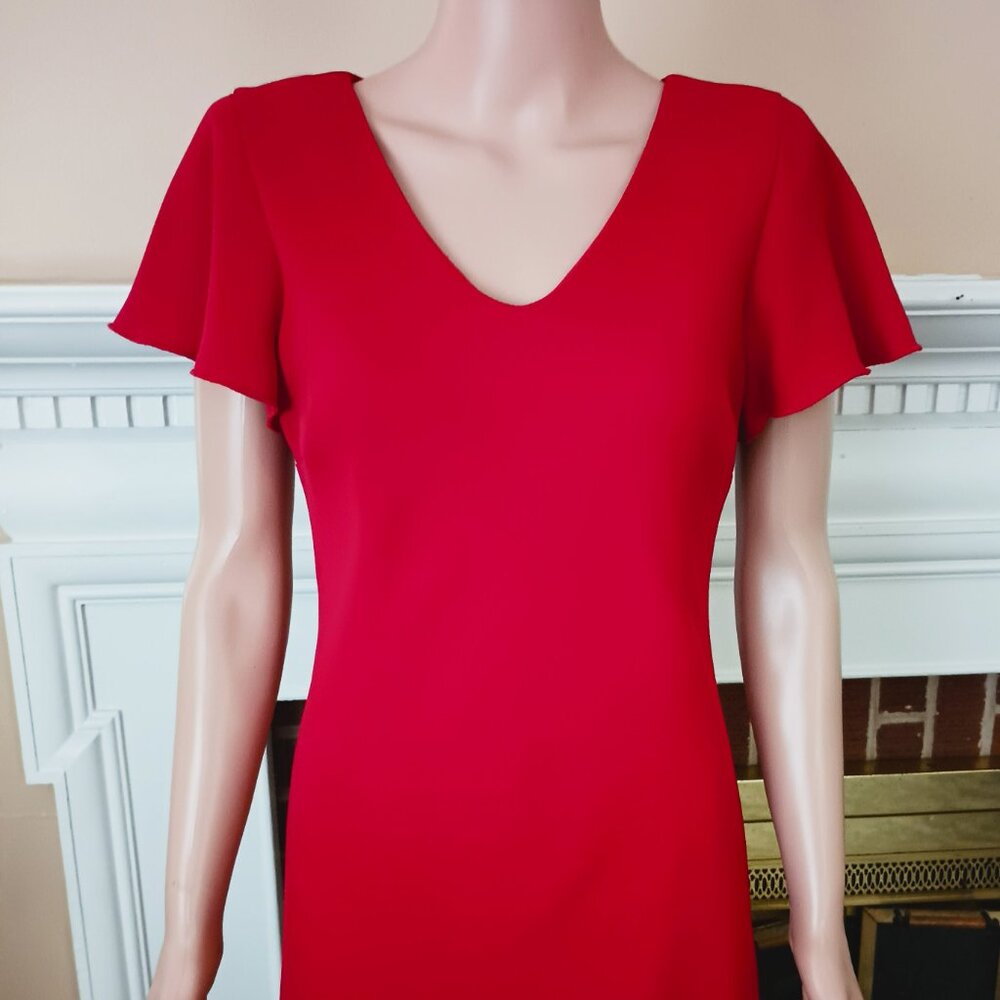 Vintage Red Layered Holiday Dress 8  V Neck Short Flutter Sleeve Fully Lined